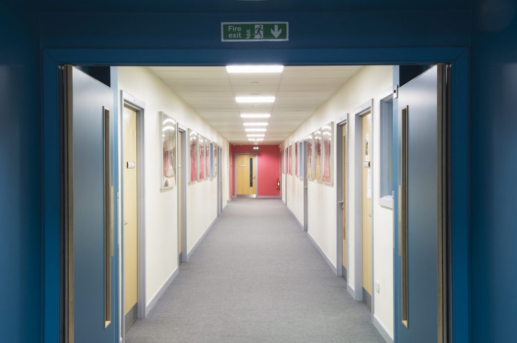 Fire doors in school manufactured to British standards.