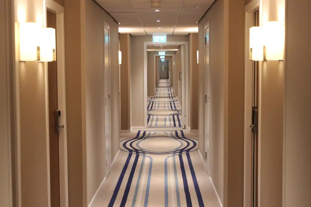 Hotel corridor with closed fire doors.